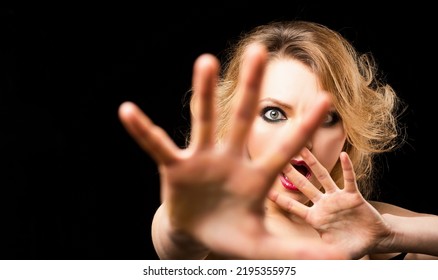 Stop Hand. Emotional Angry Woman, Upset Girl. Screaming, Hate, Rage. Pensive Woman Feeling Furious Mad And Crazy Stress.