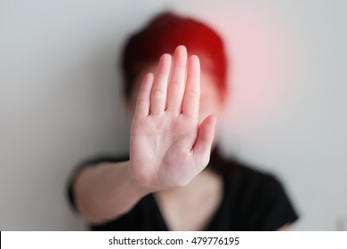 Stop Hand Of Woman Sign Of Discrimination Or Anti Violence Symbol With Grey Background Tone And Red Flare 