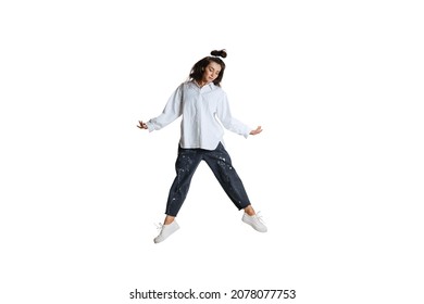 Stop A Moment. Young Woman In Shirt And Jeans Flying, Dreaming Isolated On White Background. Sad Ballerina, Contemporary Dancer Weightless Moves. Art, Motion, Action, Inspiration And Ad Concept