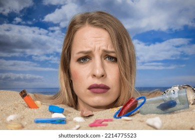 Stop Motion Of A Pretty Woman Buried Up To Her Head On A Beach Filling With Trash And Plastic Waste