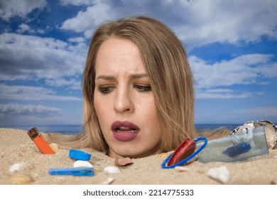 Stop Motion Of A Pretty Woman Buried Up To Her Head On A Beach Filling With Trash And Plastic Waste