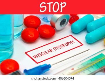 Stop Muscular Dystrophy. Vaccine To Treat Disease. Syringe And Vaccine With Drugs.