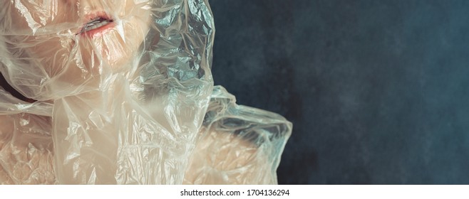 Stop ocean and planet plastic pollution banner. Beautiful young woman, her head turns into a bag and suffocates. Concept Stop Using Plastic Packaging Bag, Plastic will kill you. Claustrophobia, fear.