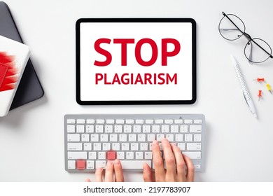 Stop plagiarism concept. Female hands on keyboard with lighted keys control c, digital tablet with sign STOP PLAGIARISM on screen. - Shutterstock ID 2197783907