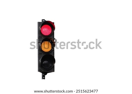 Stop red and orange light on traffic lights. Isolated on white background. Negative copy space for placement of text.