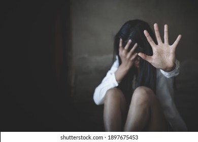 Stop sexual harassment and violence against women, rape and sexual abuse concept,  STOP gesture with hand, Stop drugs,  human rights violations, human trafficking, Copy space.