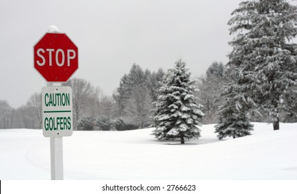 stop sign and caution golfers sign