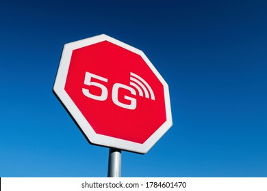 Stop Sign Dealing With Radiation From 5G Radio Waves Which Are Believed To Be Harmful By Conspiracy Theories Claiming It Causes Fertility Issues And Spread Of COVID-19 Disease