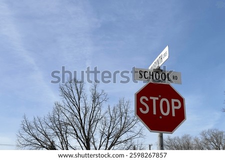 stop sign at an intersection, bare trees in the background, clear blue sky