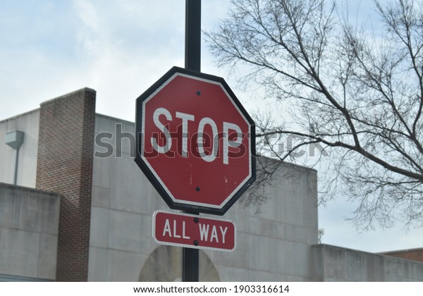 Stop sign on a city\
street