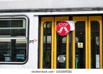 Stop Sign On The Tram Door In Melbourne