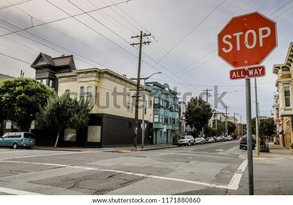 Stop sign in a street\
of San Francisco