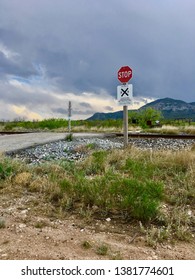 Stop Sign Train Tracks West Texas Desert Road