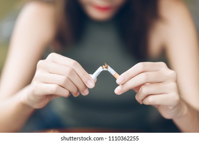 Stop Smoking,woman Breake Down Cigarette,Concept Stop Smoking,Quitting From Addiction Concept