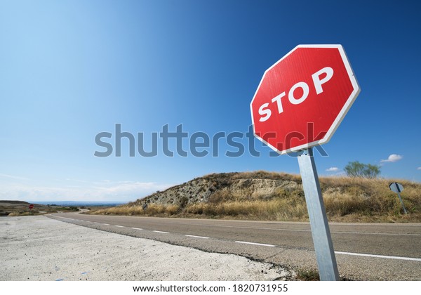 Stop traffic\
sign in Zaragoza province in\
Spain.