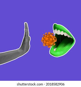 Stop Virus. Open Female Mouth Of Sneezing Or Coughing Person Having Contagious Breath With Different Viruses Inside. Concept Of Viral Infection From Abstract Male Hand. Surrealism.