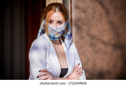 Stop Virus ! Woman In Textile Homemade Mask, Ideas	