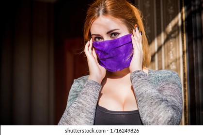 Stop Virus ! Woman In Textile Homemade Mask, Ideas	