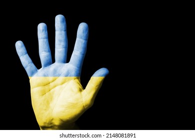 Stop the war background. Stop gesture open hand. Ukraine flag. Grunge industrial war background. Blue and yellow color country symbol. Palm hand isolated. Cutout on white. Support for Ukraine. - Powered by Shutterstock