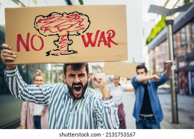 Stop war.Anti-war protest. Demonstrators call for peace. Protest manifestation against attack or war.