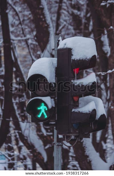 Stoplight for\
pedestrians and cars during\
winter