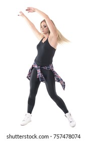 Stopped Motion Of Young Female Jazz Dancer Swinging Arms Up In The Air. Full Body Length Portrait Isolated Over White Studio Background.