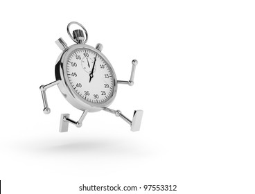 Stopwatch with arms and legs that runs on white background. 3d rendering