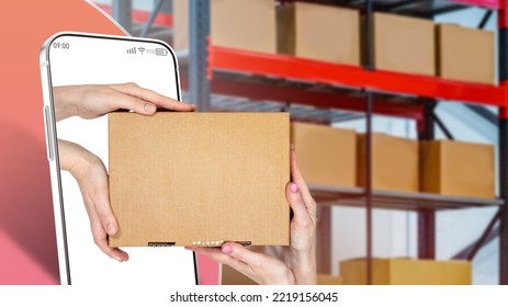 Storage Apps. Hands With Box In Mobile Phone. Transfer Box For Long Term Storage. Concept Ordering Storage Services Via Internet. Online Apps For Warehouse Business. Phone And Blurred Shelving