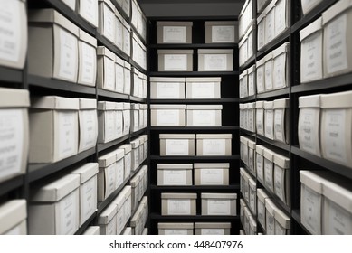 Storage Archive Depository Room Black Shelves With White Office Boxes Card File Cabinet Evidence.