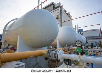 Storage Cap Tanks  Gas LPG Horizontal In Industrial Plant.