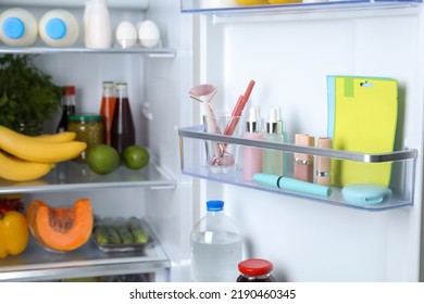 Storage Of Cosmetics In Refrigerator Door Bin Next To Groceries