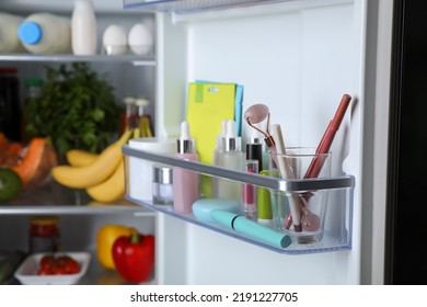 Storage Of Cosmetics And Tools In Refrigerator Door Bin Next To Groceries