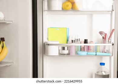 Storage Of Cosmetics And Tools In Refrigerator Door Bin