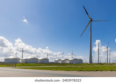 Storage of fuels and wind turbines in Eemshaven seaport in the north-east of province Groningen in The Netherlands