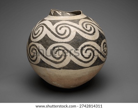 Storage Jar with Horizontal Bands of Interlocking Scrolls by Ancestral Pueblo (Anasazi). Antique object, vintage art design.