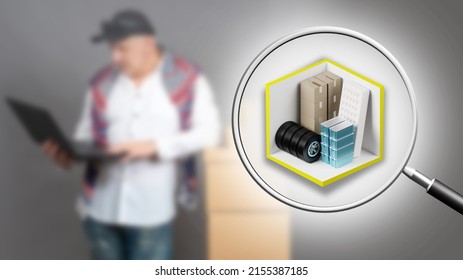 Storage Rent. Magnifying Glass As A Symbol Of Warehouse Search. Man Is Looking For Warehouse Container Via Internet. Self Storage Rent App. Warehouse Container Mock Up.