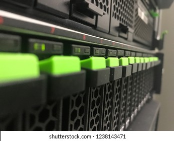 Storage and Server mount on rack in data center room.
