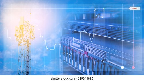 Storage server for web and data server in data center room blending with Antenna tower and repeater of Communication and telecommunication with chart, graph