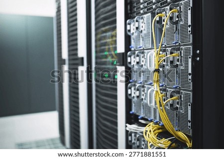 Storage, servers and circuit in empty data center for cybersecurity, IT hardware and infrastructure. Mainframe, wires and database machine for power distribution, backup system and electrical cables