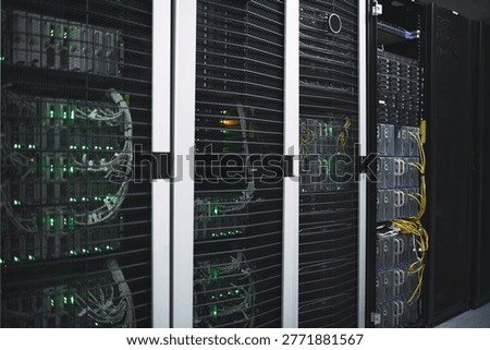 Storage, servers and mainframe in empty data center for cybersecurity, IT hardware and infrastructure. Interior, cables or database machine for power distribution, backup system and technical circuit