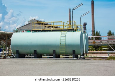 Storage Tank Whites Of Fuel Oil In The Horizontal Tanks And Pipeline.