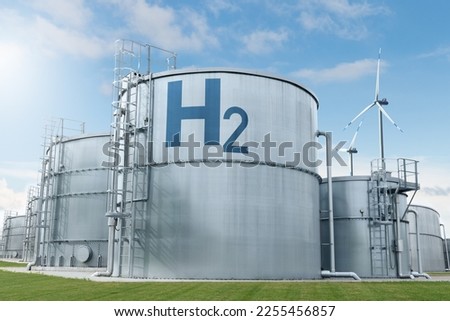 Storage tanks with Hydrogen. Green hydrogen factory concept