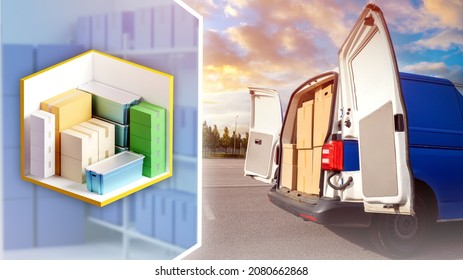 Storage Unit Next To Car In Parking Lot. Van Is Loaded With Boxes. Concept Of Transporting Property To Warehouse. Storage Container Cutaway. Van Is In Parking Lot. Delivery Of Cargo To Storage Unit.