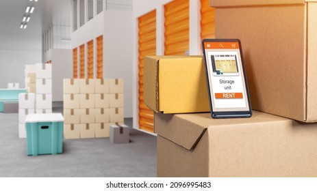 Storage Unit Rent Apps. Phone On Boxes Inside Warehouse. Search For Storage Unit Via Apps. Apps For Choosing Storage Unit. Warehouse Container Rental. Selective Blur. Warehouse Business Website