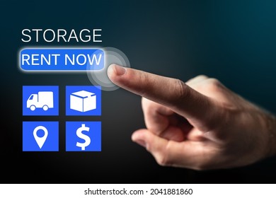 Storage Units icons near person hand. Self storage unit rental. Storage rent now inscription. Man presses rent button on virtual screen. Finding place for safekeeping of personal belongings. - Shutterstock ID 2041881860