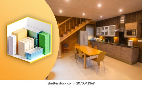 Storage Units for storing home furniture. Storage container cutaway. Interior of cottage next to Storage Unit. Warehouse for home furniture. Warehouse for safekeeping. Selective focus - Shutterstock ID 2070341369