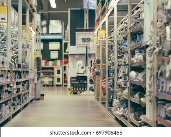 Store for home improvement and DIY. Warehouse of building materials in industiral store. Shallow DOF