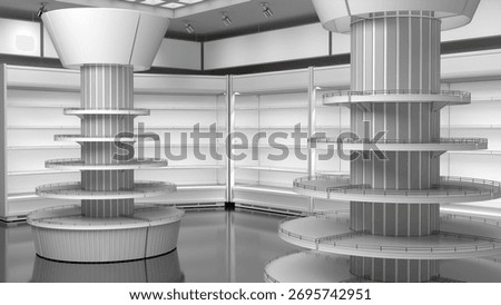 Store interior with empty round display racks, refrigerated cabinets along the walls, hanging banners and LED ceiling spotlights. 3d illustration