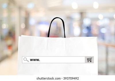 Store Online, E Commerce Shop Concept, Web Banner With Www On On Blank Search Bar Address Over Blur Store, Shop Background, Online Marketing For E Commerce