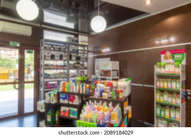 Store Shelves Selling Household Chemicals And Home Cleaning Products, Photo With Blur, Defocus